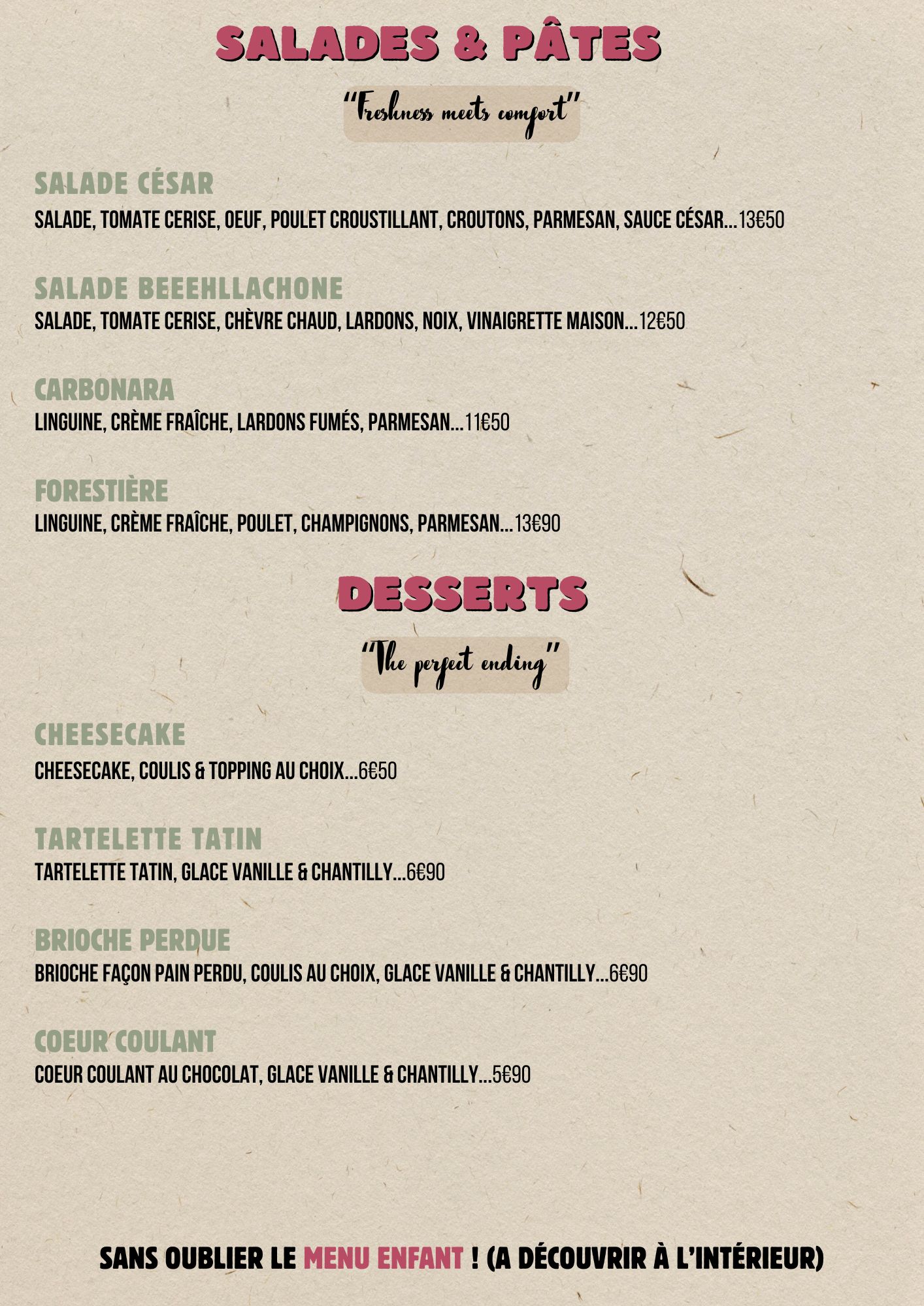 Salades, pâtes et desserts